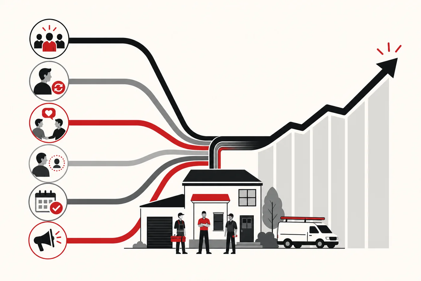 Several customer revenue streams converging into a stable upward path for a home-service company